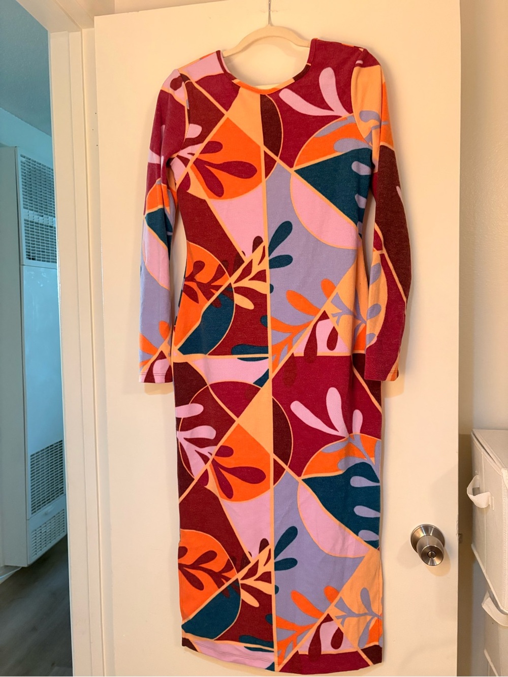 Colorblock Abstract Midi Dress - Pink, Orange & Burgundy